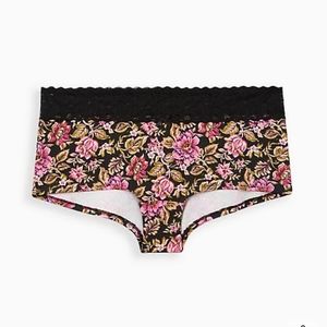 WIDE LACE TRIM BOYSHORT PANTY - COTTON FLORAL BLACK